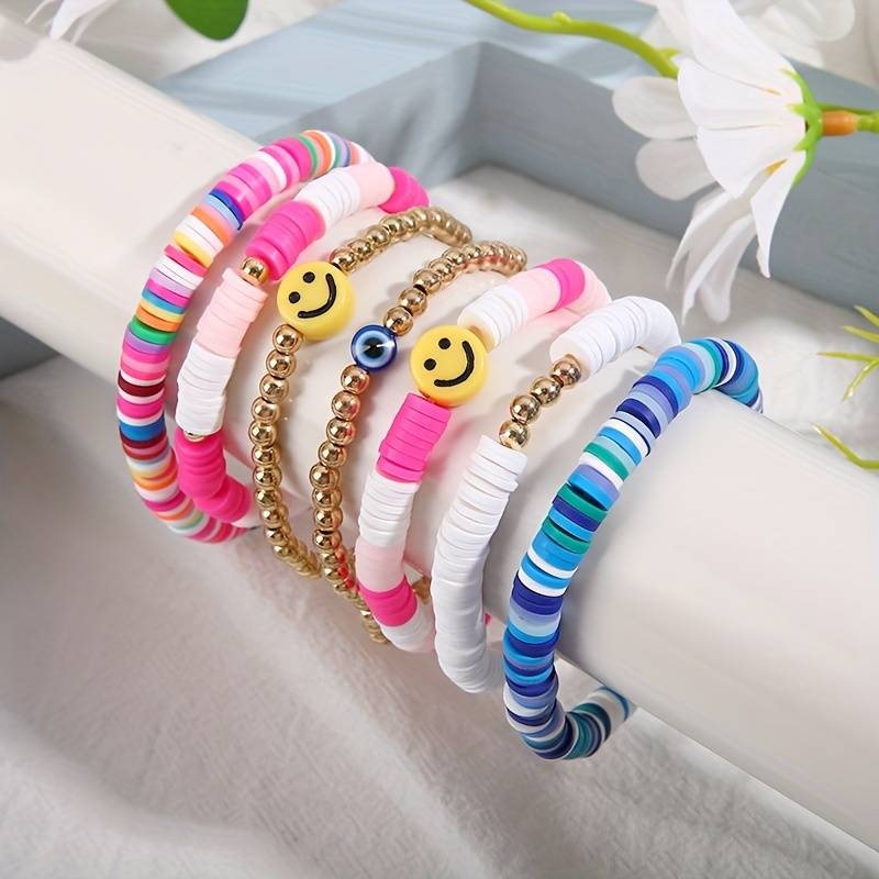 Heishi Surfer Bracelets Set Colorful Preppy Happy Smile Evil - Temu